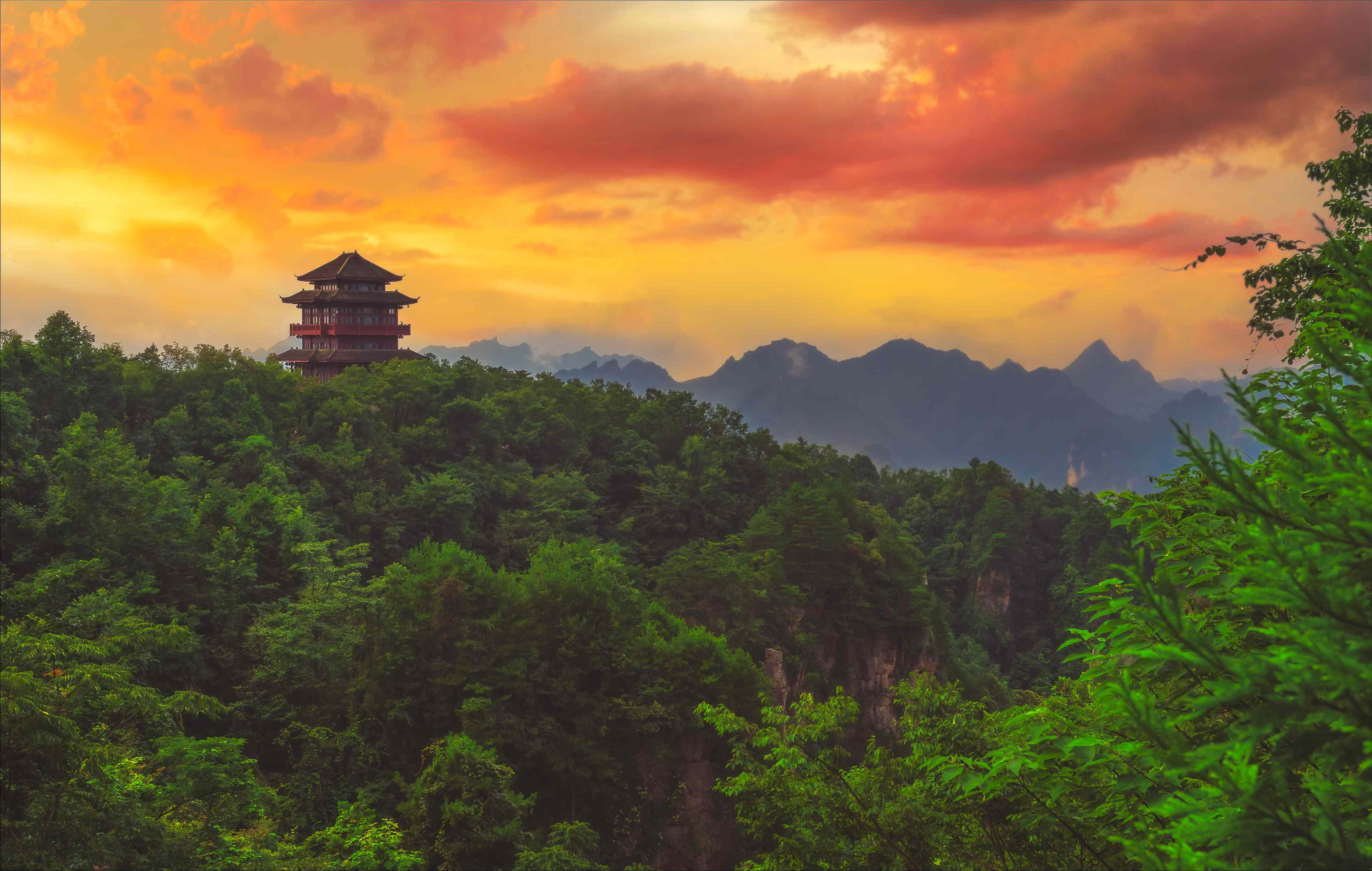 Asian landscape with temples and modern architecture